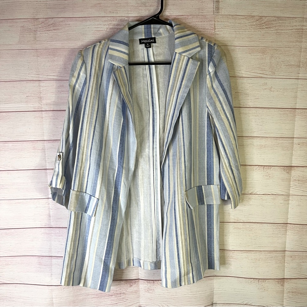 Messini Striped Linen‎ Blend 3/4” Sleeve Open Front Blazer Jacket